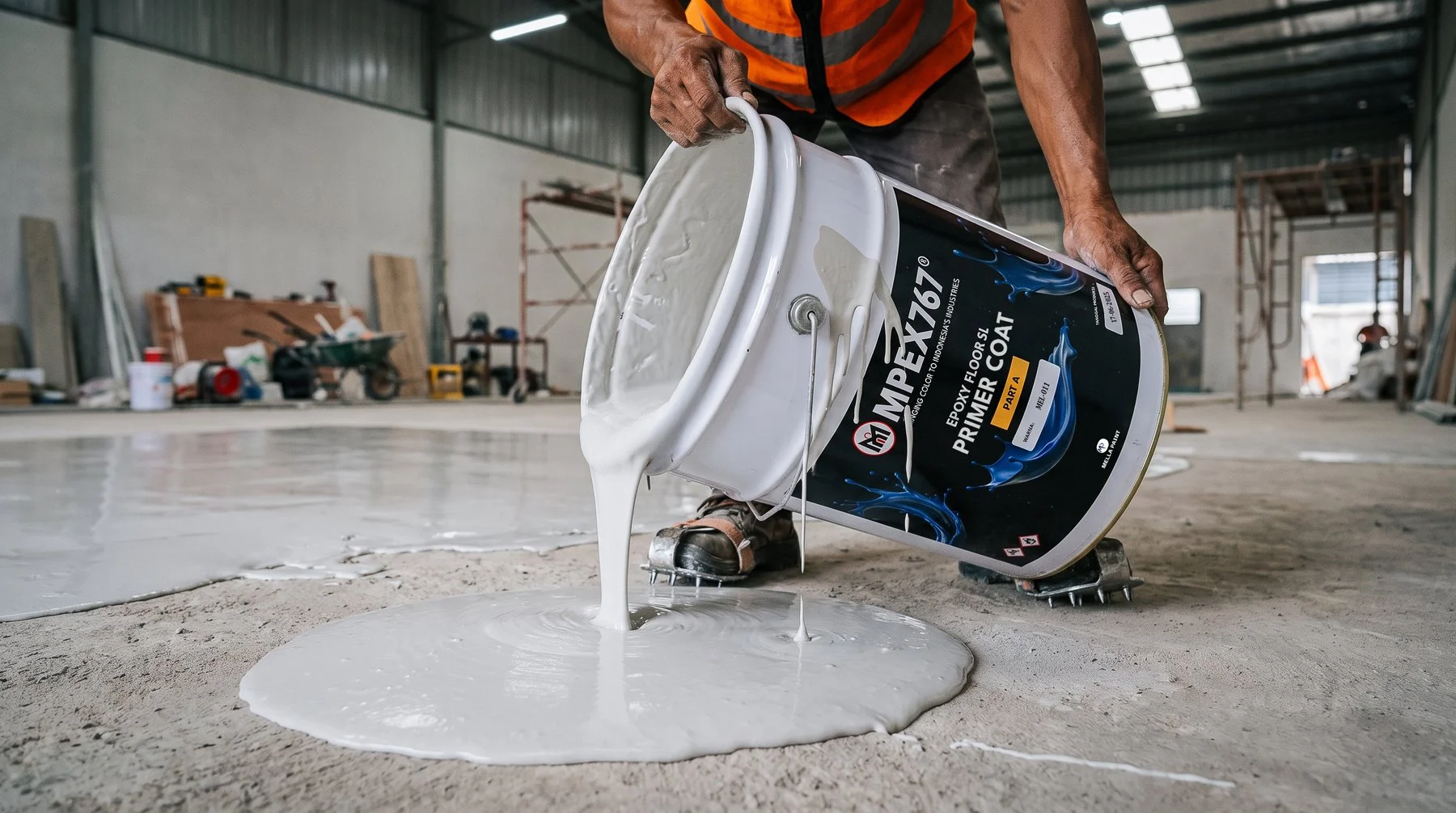 Tim aplikator menuangkan MPEX767 Primer Coat di atas lantai beton, pabrik Tangerang