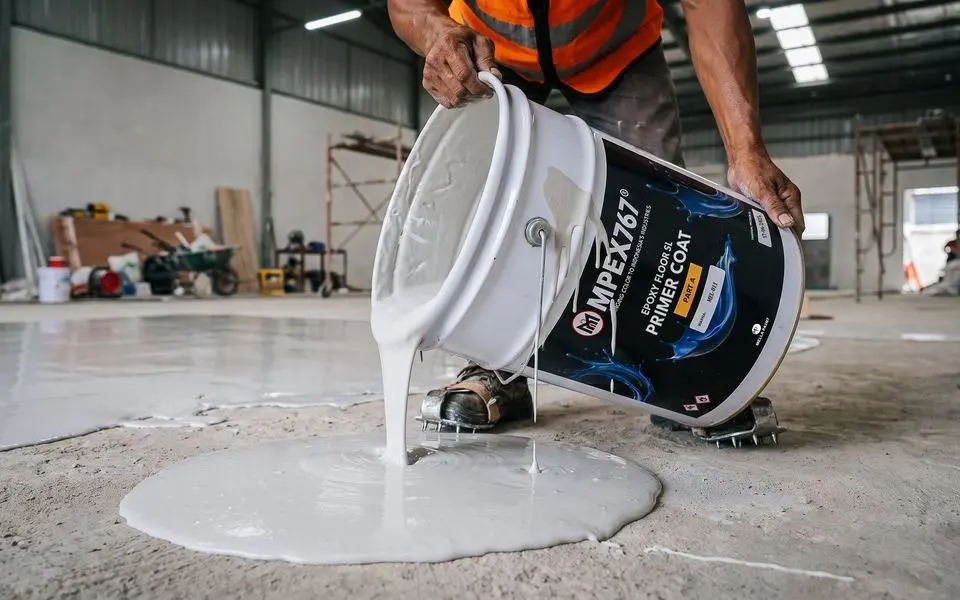 Tukang menuang MPEX767 Primer Coat dari pail ke lantai beton