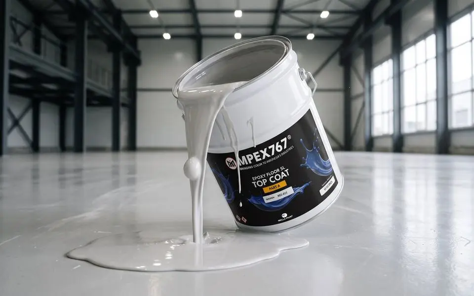 MPEX767 Top Coat dituang di lantai gudang yang sudah dilapisi