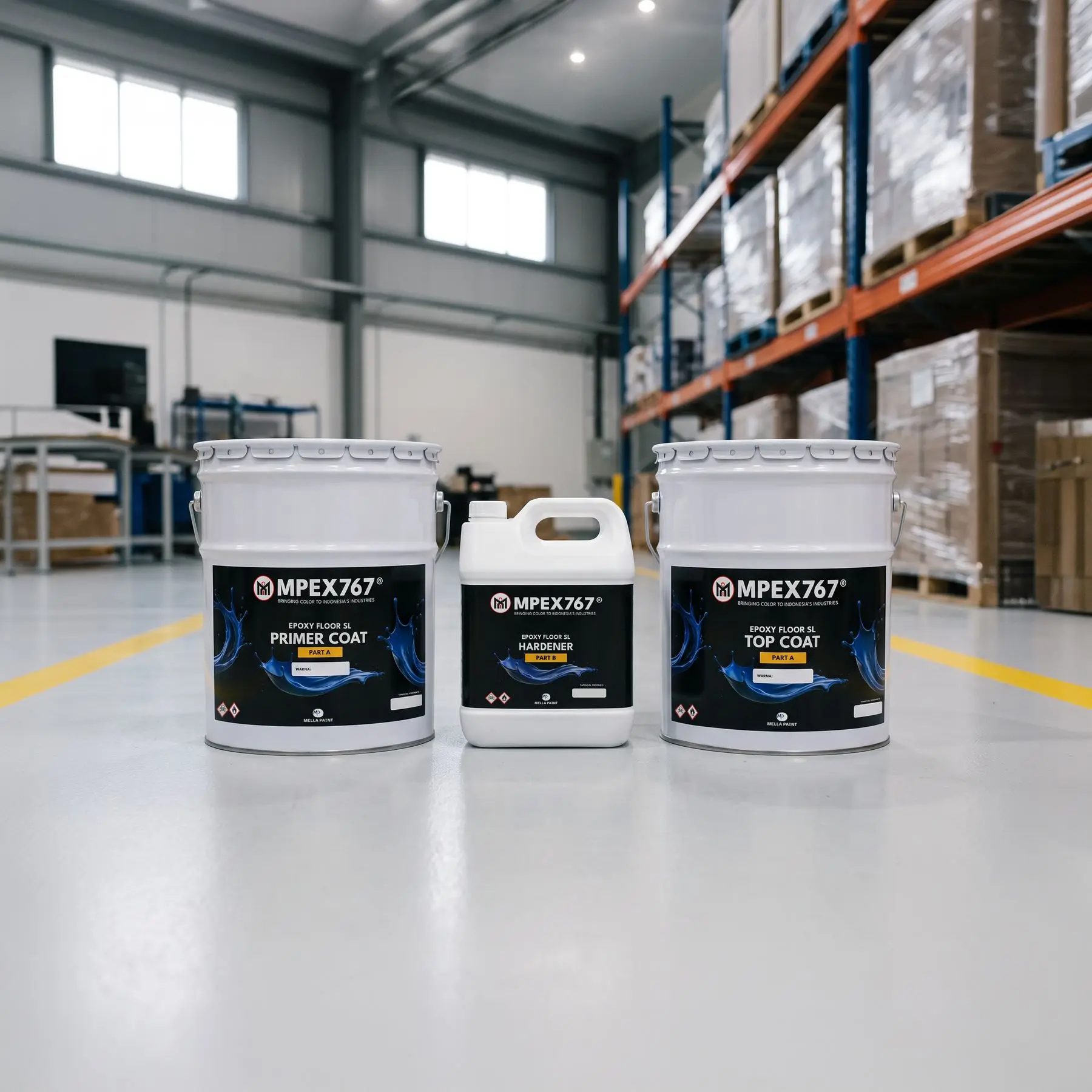 Satu set MPEX767 SL: pail Primer Coat, jeriken Hardener, dan pail Top Coat di lantai gudang