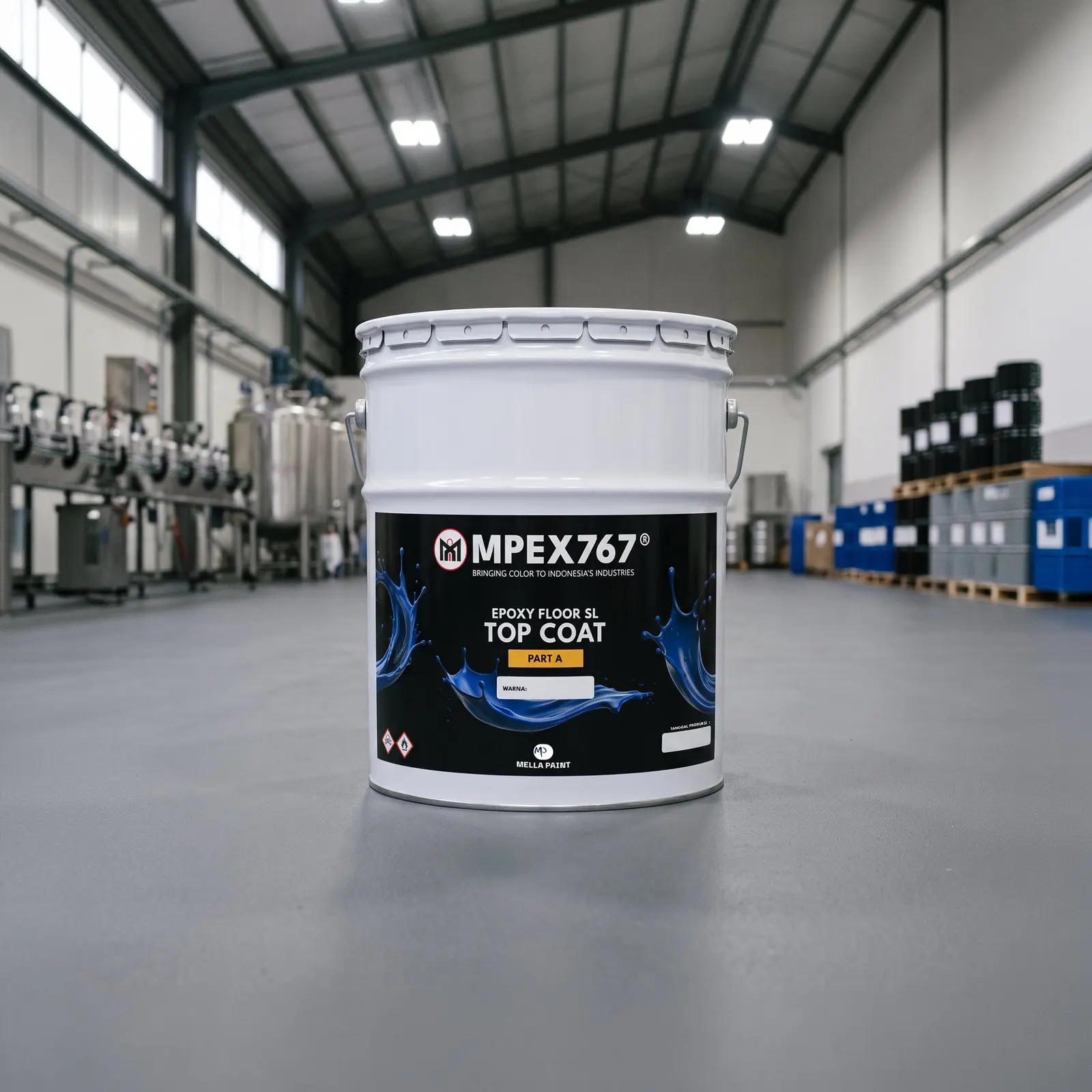 Kaleng MPEX767 Top Coat di lantai epoxy abu-abu pabrik Tangerang