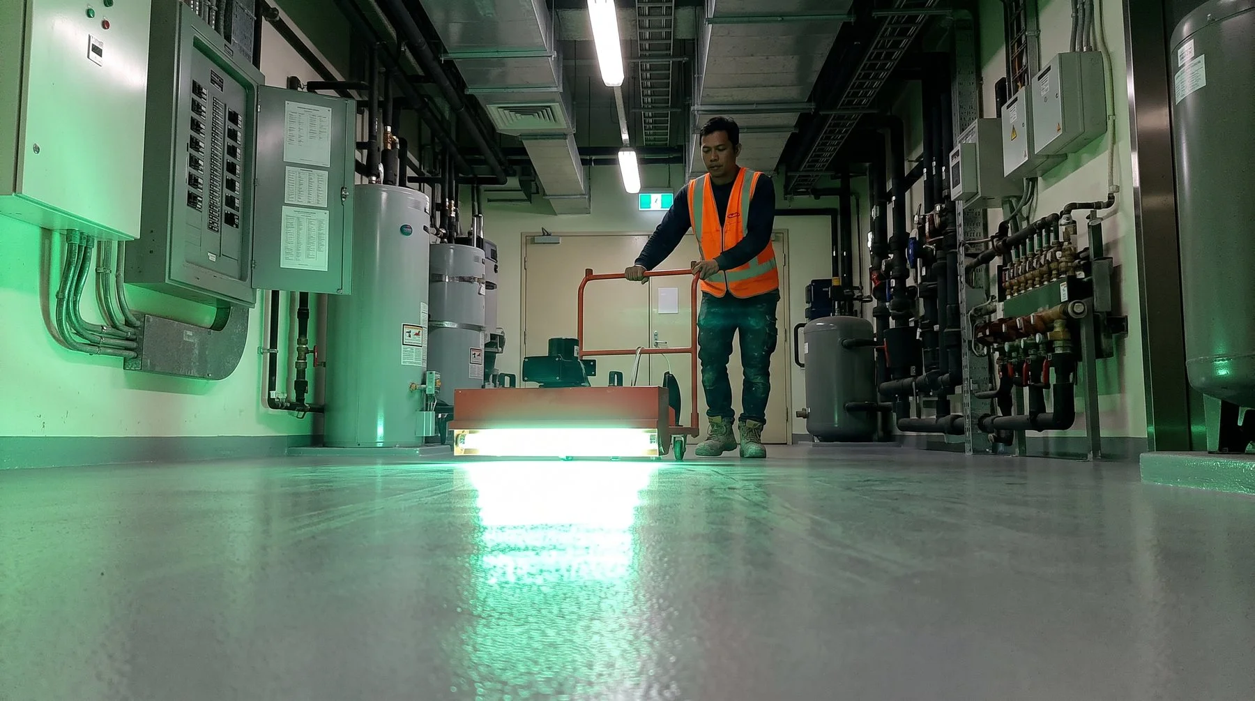 Tim Mella Paint mendorong mesin curing UV di lantai epoxy ruang utilitas, lampu UV menyala