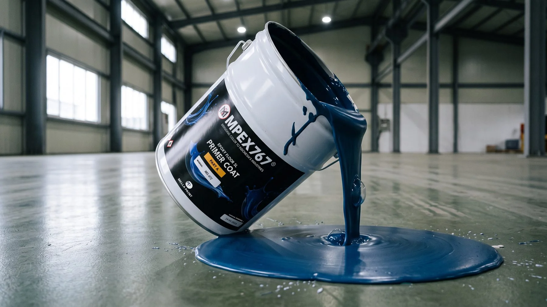 Kaleng MPEX767 Primer Coat miring, menuangkan epoxy biru ke lantai beton gudang