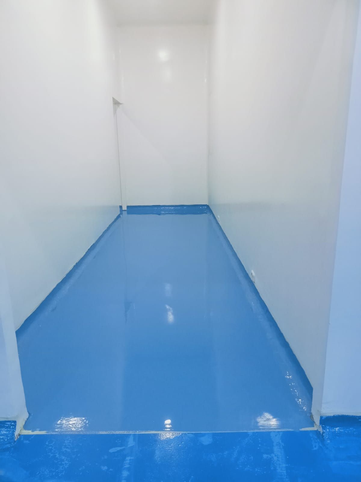 Ruang produksi Agarindo dengan lantai epoxy biru muda dan saluran air di tengah ruang (4/4)
