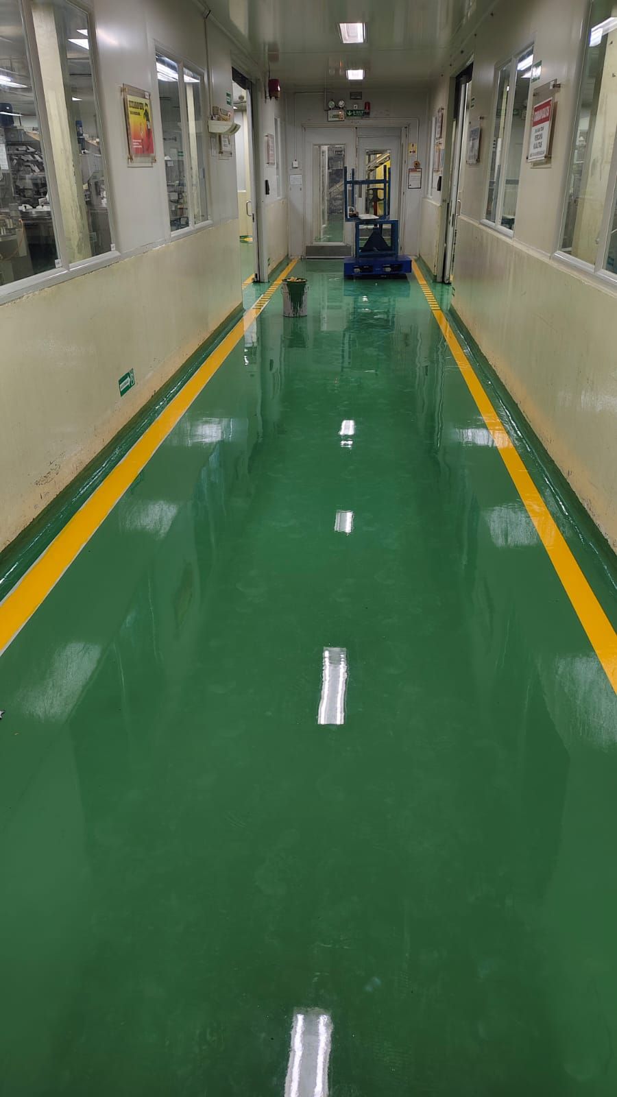 Koridor pabrik Mayora dengan lantai epoxy hijau dan garis jalur kuning di kedua sisi (3/8)
